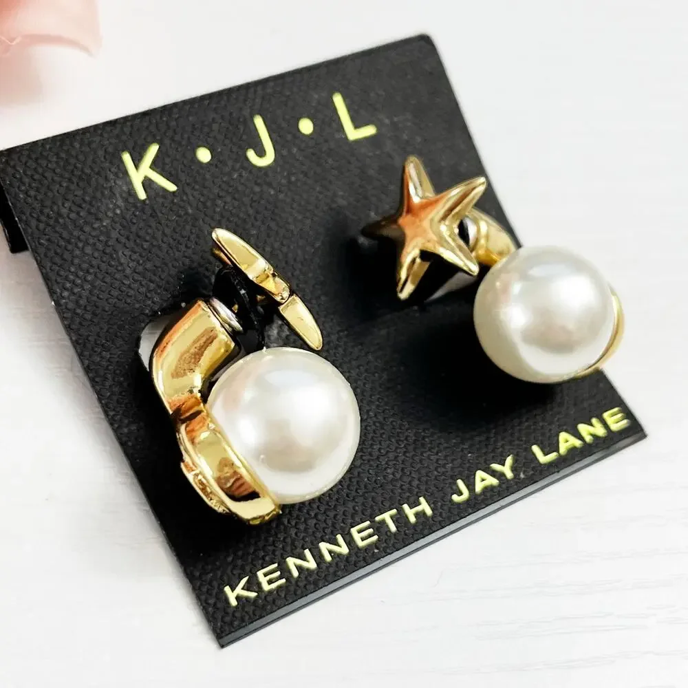 NEW Kenneth Jay Lane KJL Star Pearl Drop Pierced Earrings